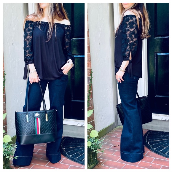 Off the shoulder lace sleeves round hem tunic top - Picture 3 of 3